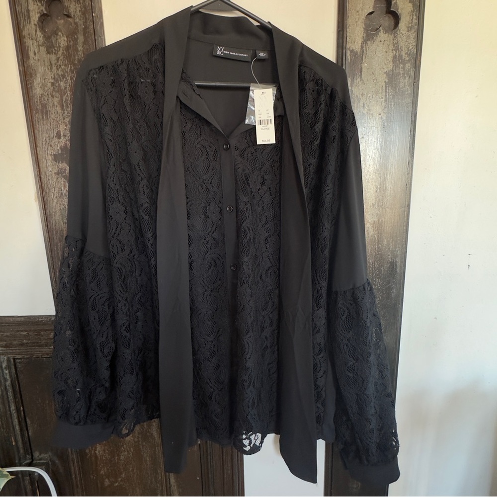 NWT New York & Company Black Lace Button-Up Elegant Work Blouse Embellishments